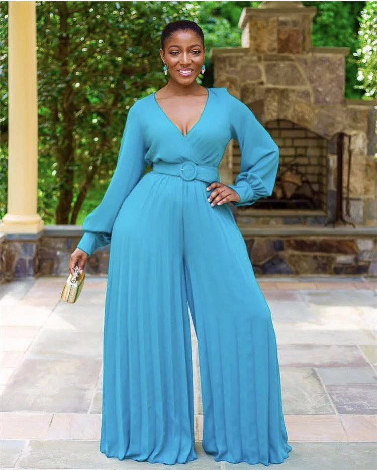 

African plus size Jumpsuit V-neck Lantern Sleeve Pleated Wide Leg Pants Loose Large Size jumpsuit women clothing, Customized color