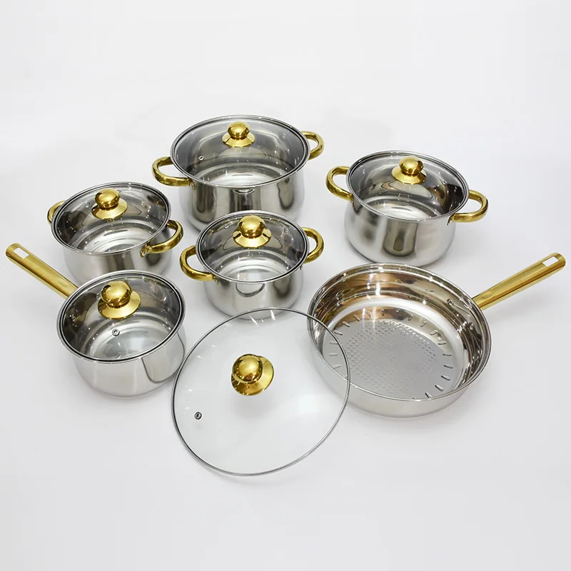 

Home kitchen frying pan soup cooking pot set induction double bottom 12pcs cookware sets, Silver+gold