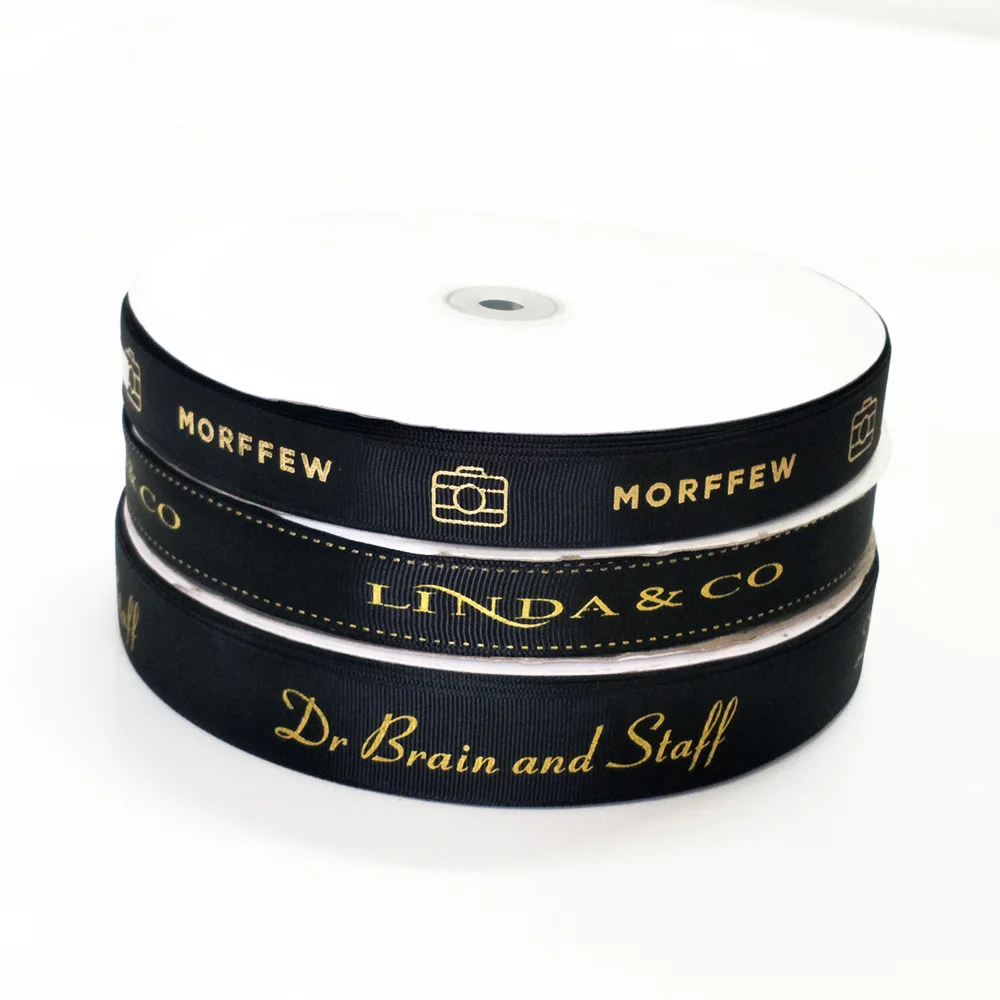 

Wholesale Factory Custom 1 Inch Gold Raised Foil Printed Logo Grosgrain Ribbon With Gold Foil Printed Ribbon, Customized