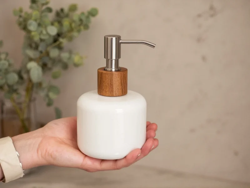 Hand holding completed soap dispenser with natural materials