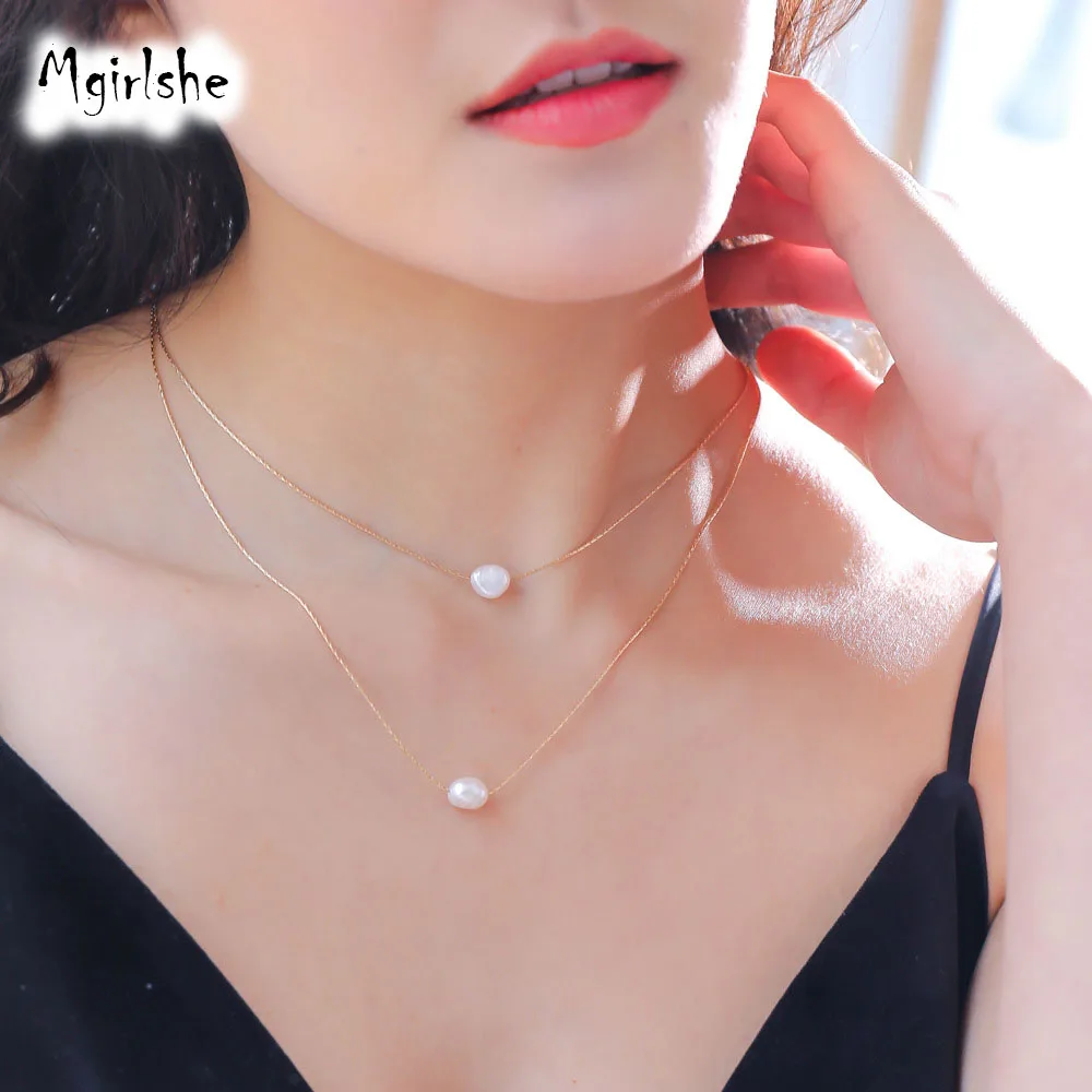 

Mgirlshe Fresh Pearl Simple Elegant 2 Layered Chunky Chain Choker Necklace for Women's Gift Wholesale Initial Mini Pearl Pedant