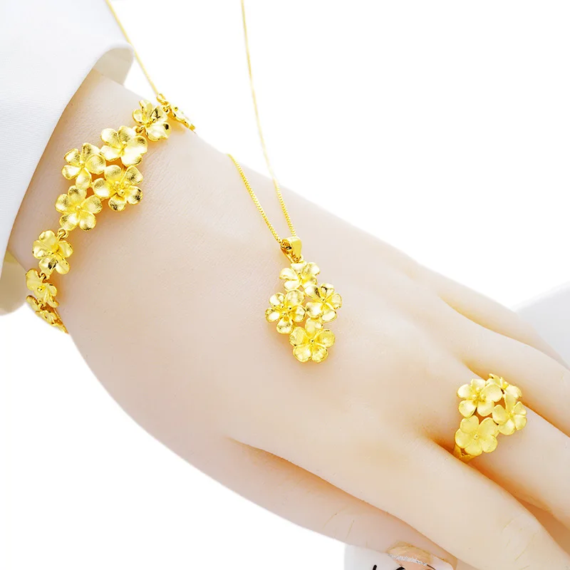 

Vietnam sand gold ladies flower ring, brass gold-plated flower necklace and bracelet set, wedding accessories jewelry sets