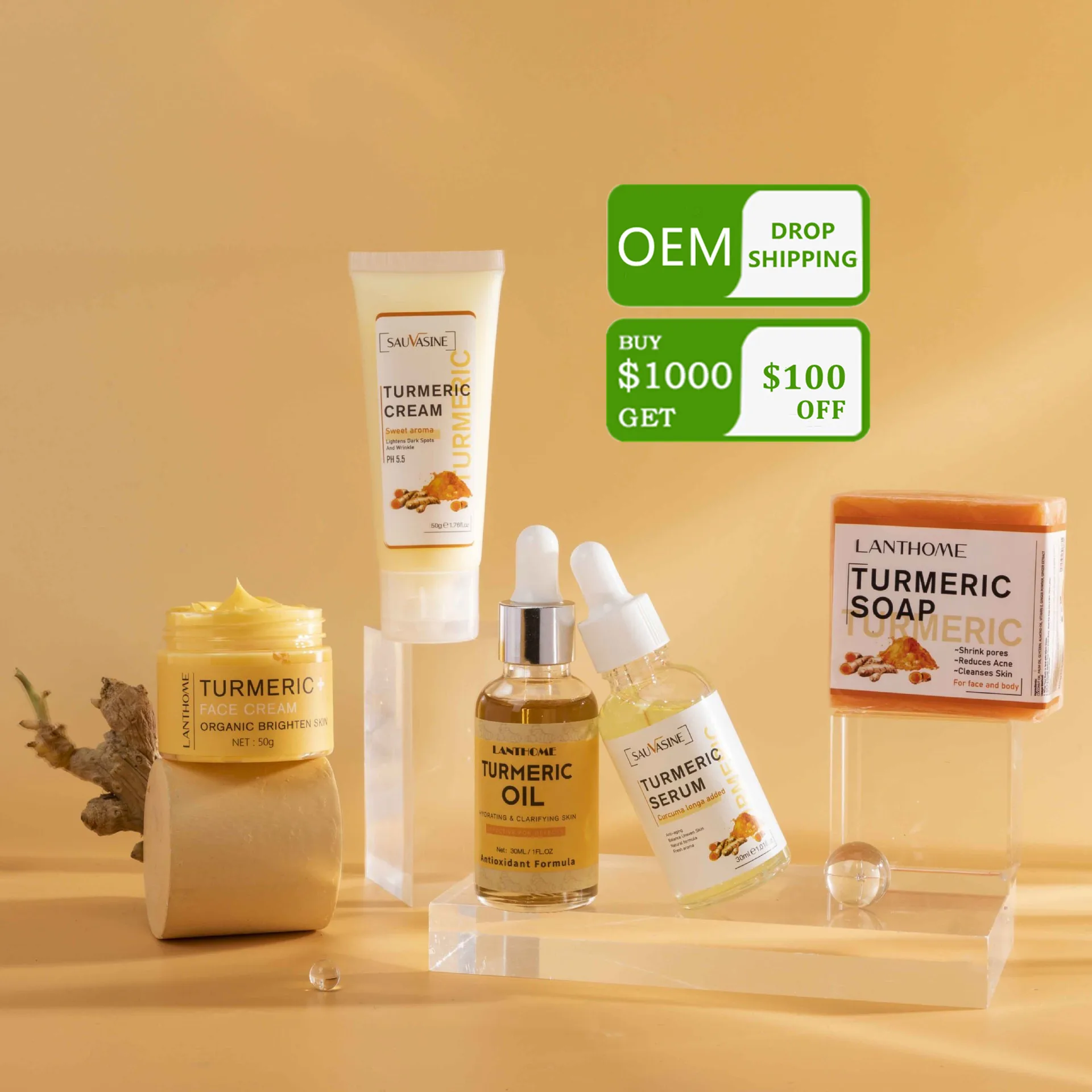 

Tumeric Series Skin Care 5-Pcs Sets, Refreshing Moisturizing Blackheads Whitening, Cream Serum Facial Soap Facial Cleanser