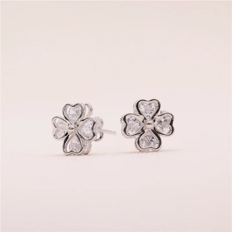 

Four Leaf Clover Earrings Design Lucky Leaf Stud Earrings Zircon Crystal Earrings Silver, As picture
