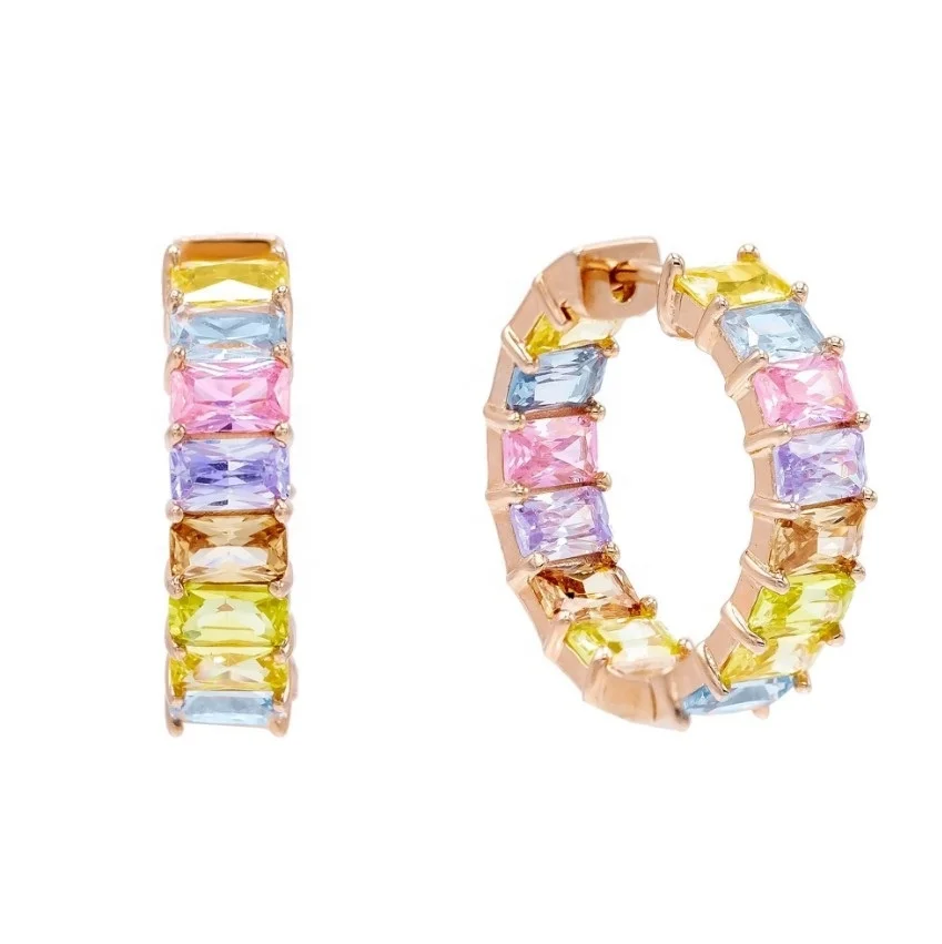 

Gold Rose Gold Pastel baguette cz hoop earring for women fashion colorful trendy jewelry
