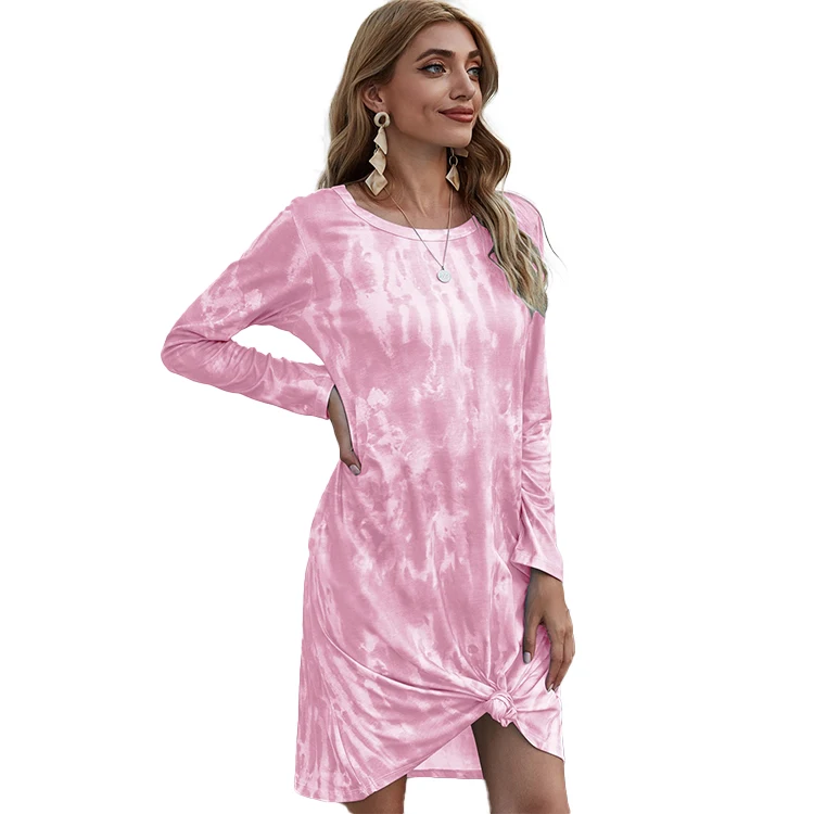 

Wholesale Dress Tye Dye Gradient Loose O-Neck Long Sleeve Pocket Dress Casual Women Clothing Dresses