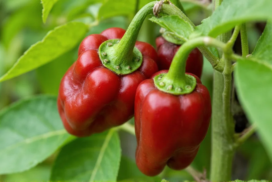 Close-up photograph of mature Pepper X chili peppers showing their distinctive wrinkled texture and deep red color against green foliage