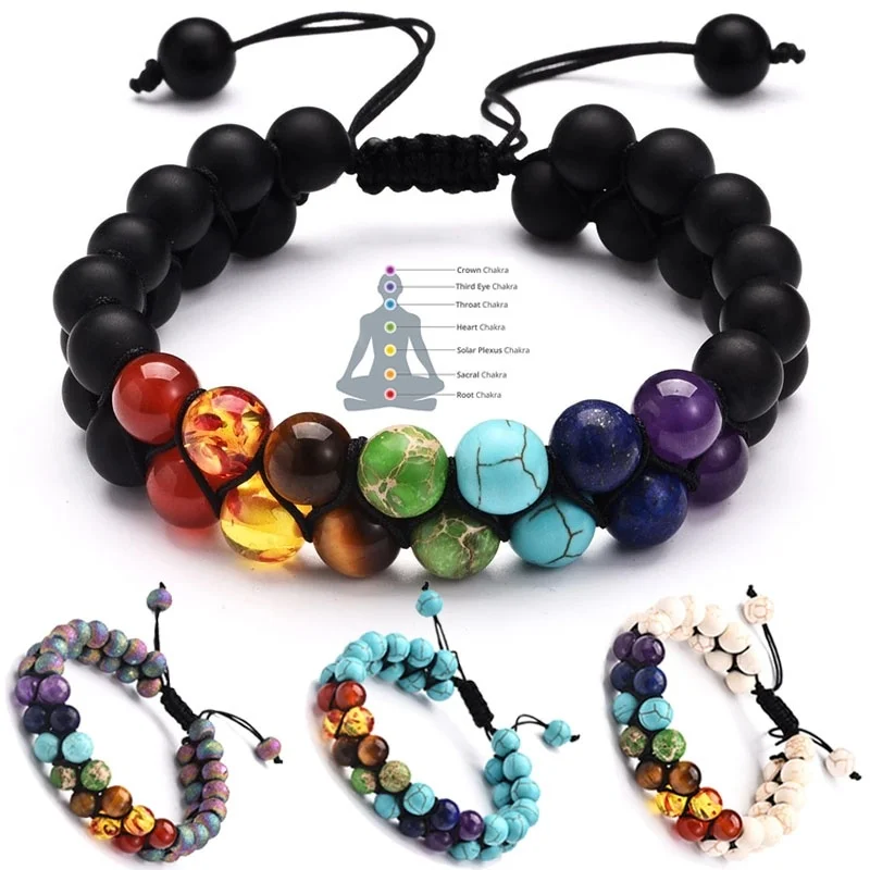 

7 Chakra Beads Lava Rock Gemstone Bracelet 8mm Double Layer Row Adjustable Unisex Yoga Stone Energy Healing Stone Bracelets