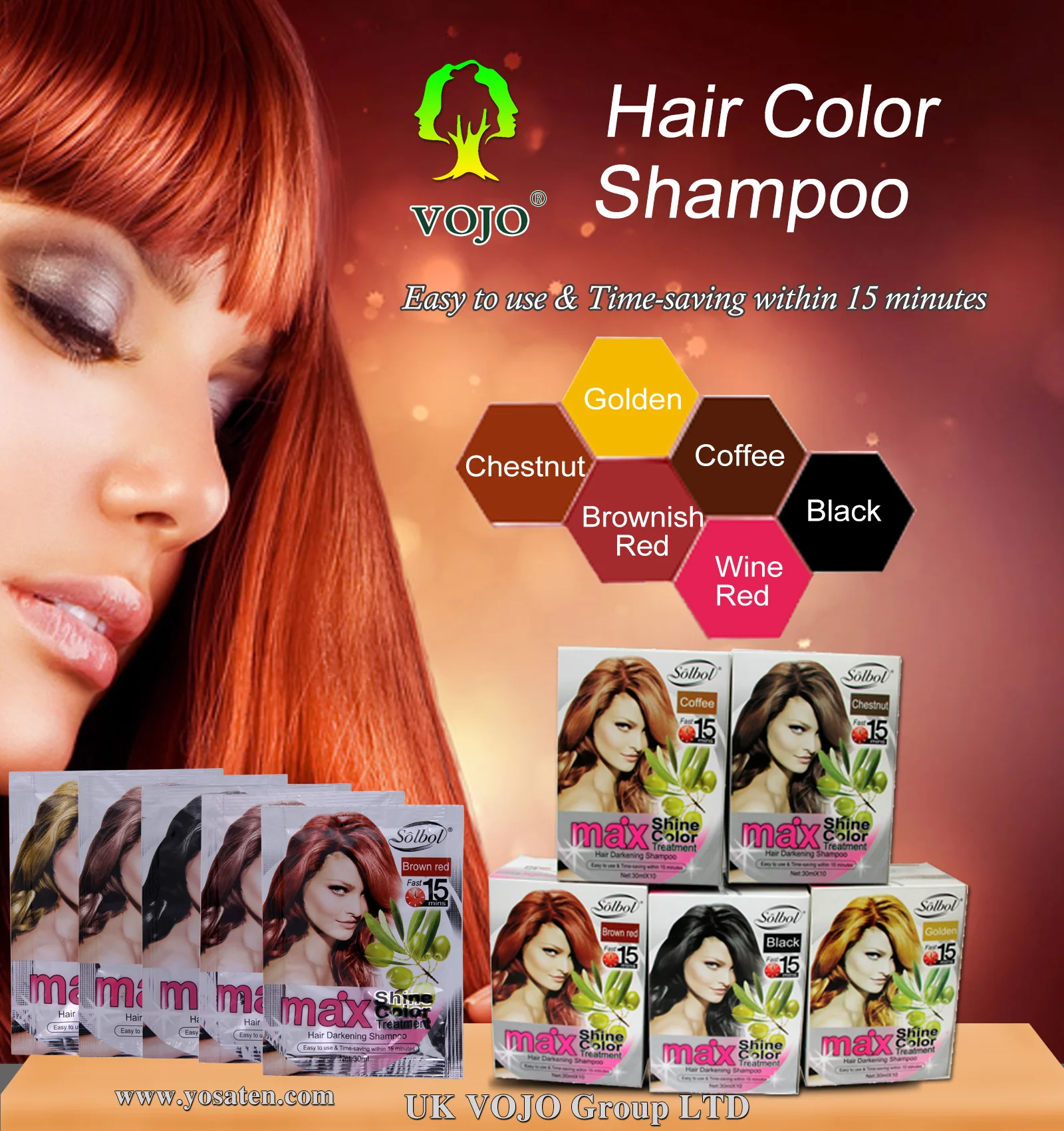 

Natural herbal vojo fast color in black hair shampoo for white,yellow,brown hair,etc to black turn grey hair to black, Five colors