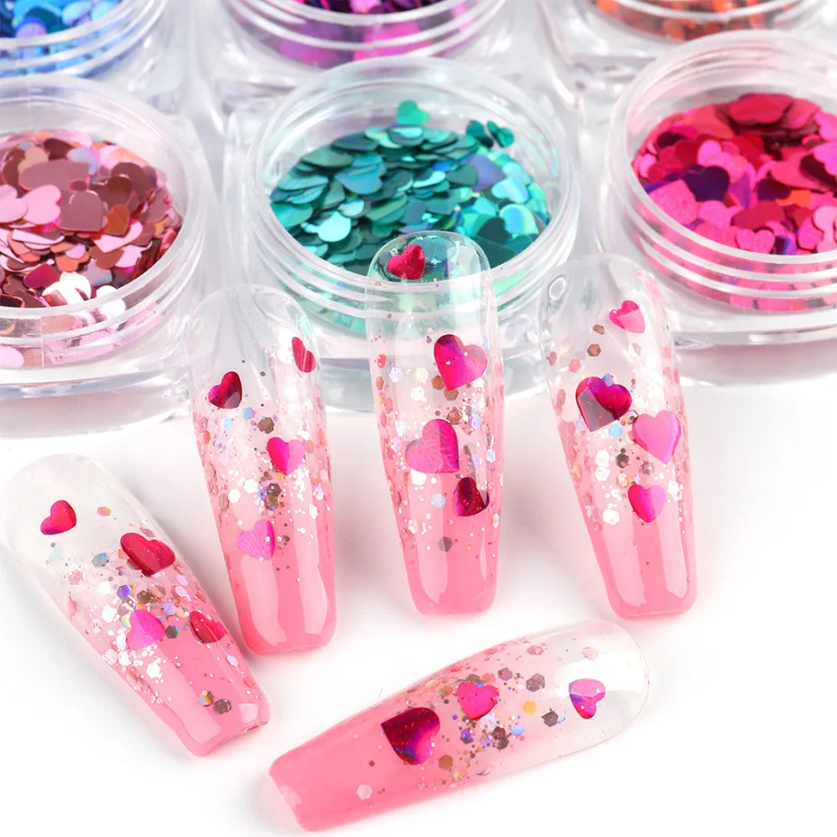 

1pc Colorful Holographic Sweet Love Heart Nail Glitter Flakes Shining Sequin For Manicure DIY Nail Art Decoration, 18 colors optional