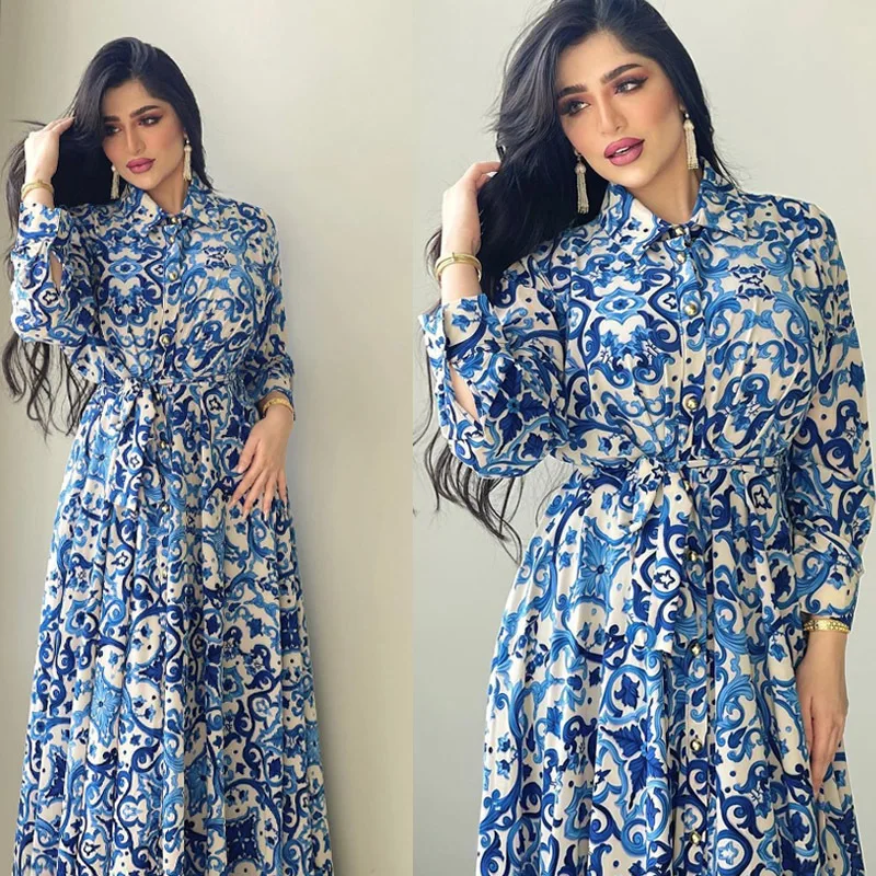 

Middle east Dubai blue and white print muslim islamic gift women dresses