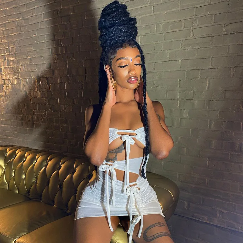 

Sexy Velvet White Cut Out Tie Up Ruched Drawstring Girls Mini Clothing Casual Woman's Summer Dress, Customized