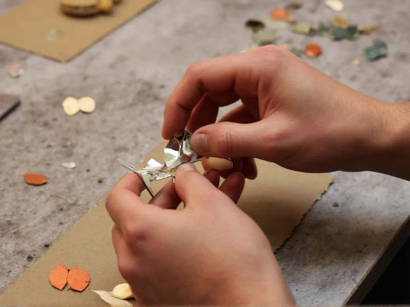 Hands assembling kaleidoscope mirror triangle with precision