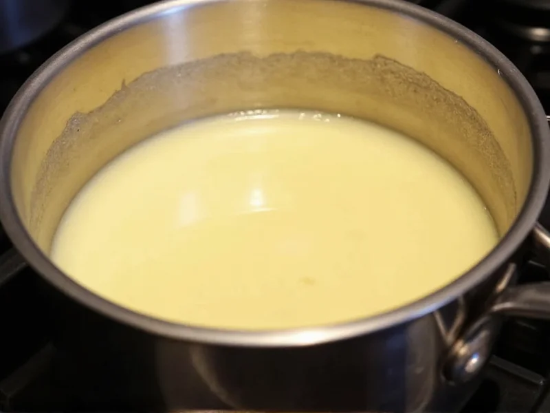 Smooth vanilla custard simmering in stainless steel saucepan