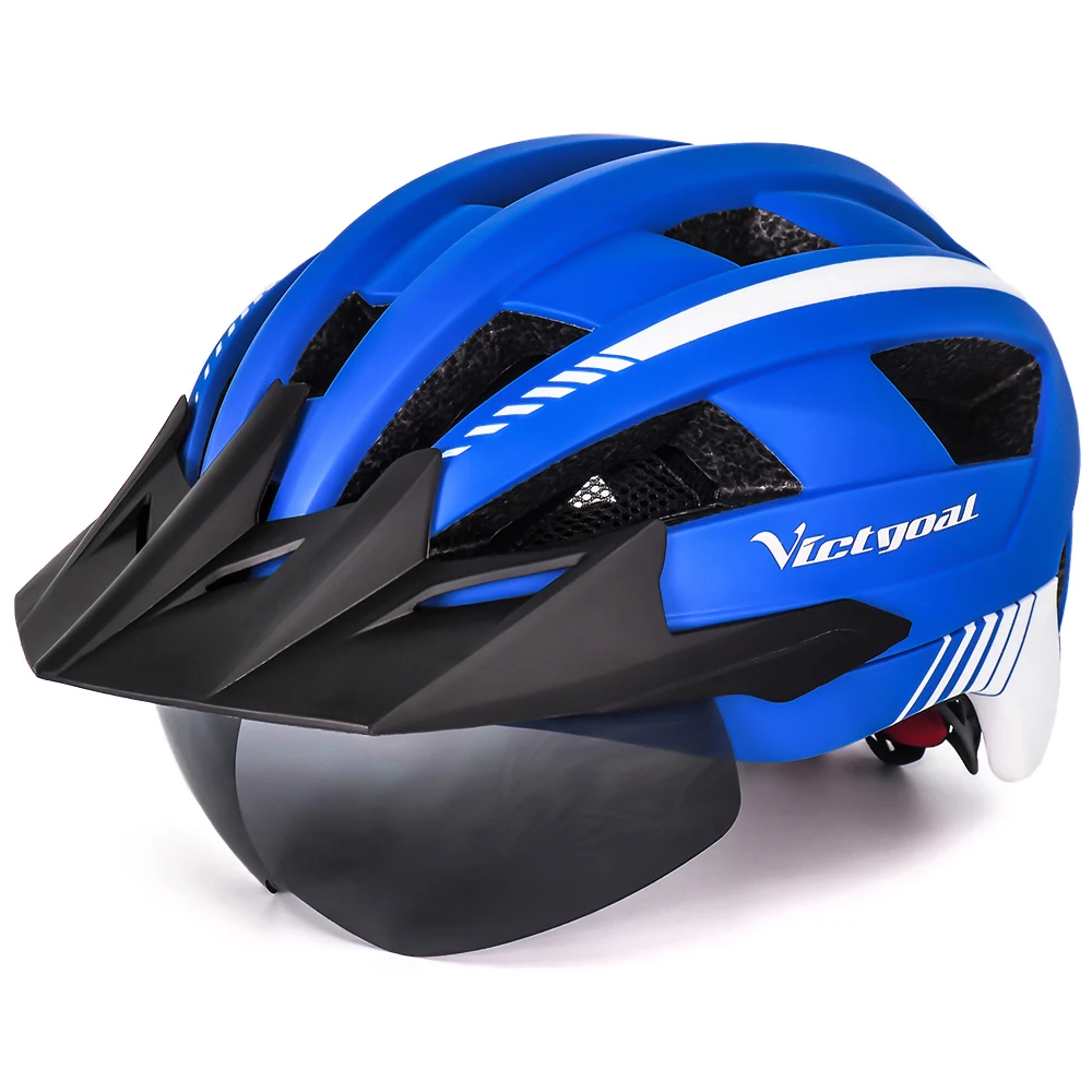 

VICTGOAL UV400 Goggles Bike Helmet with Sun Visor & LED Rear Light, Blue