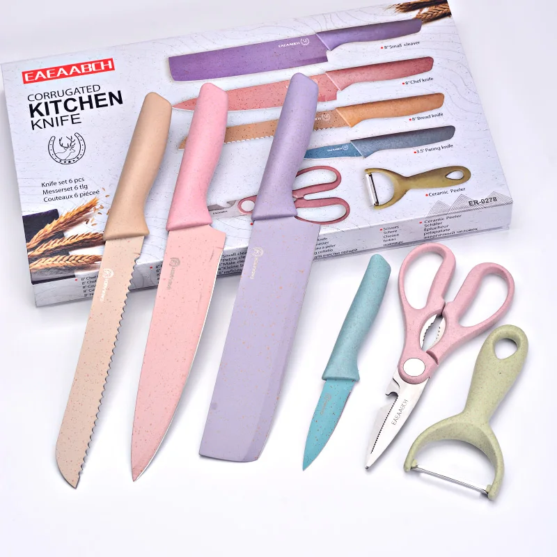 
Most Popular 6pcs Non-stick blade Stainless Steel Kitchen Knives Set with Wheat Straw Handle 