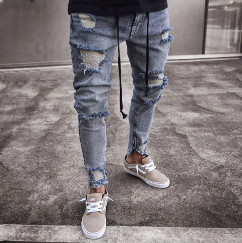

Mens Skinny Jeans Ripped Slim fit Stretch Denim Distress Frayed Biker Scratchted Hollow out Long Jeans Boy Y12744