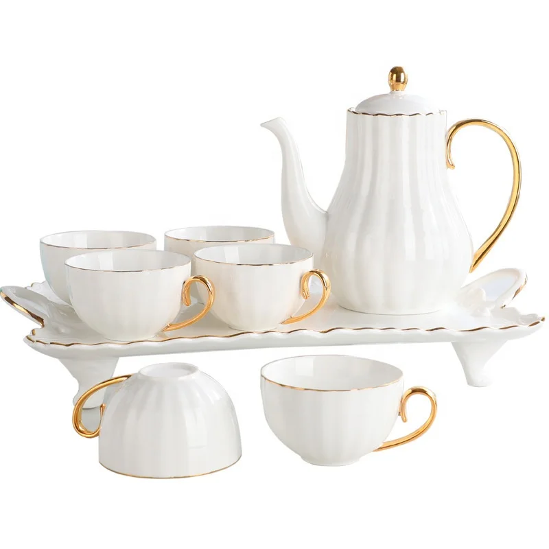 

European Ceramic Teacup Set Bone China Tea Coffee Set 1 Teapot 6 Cups and 1Tray, White