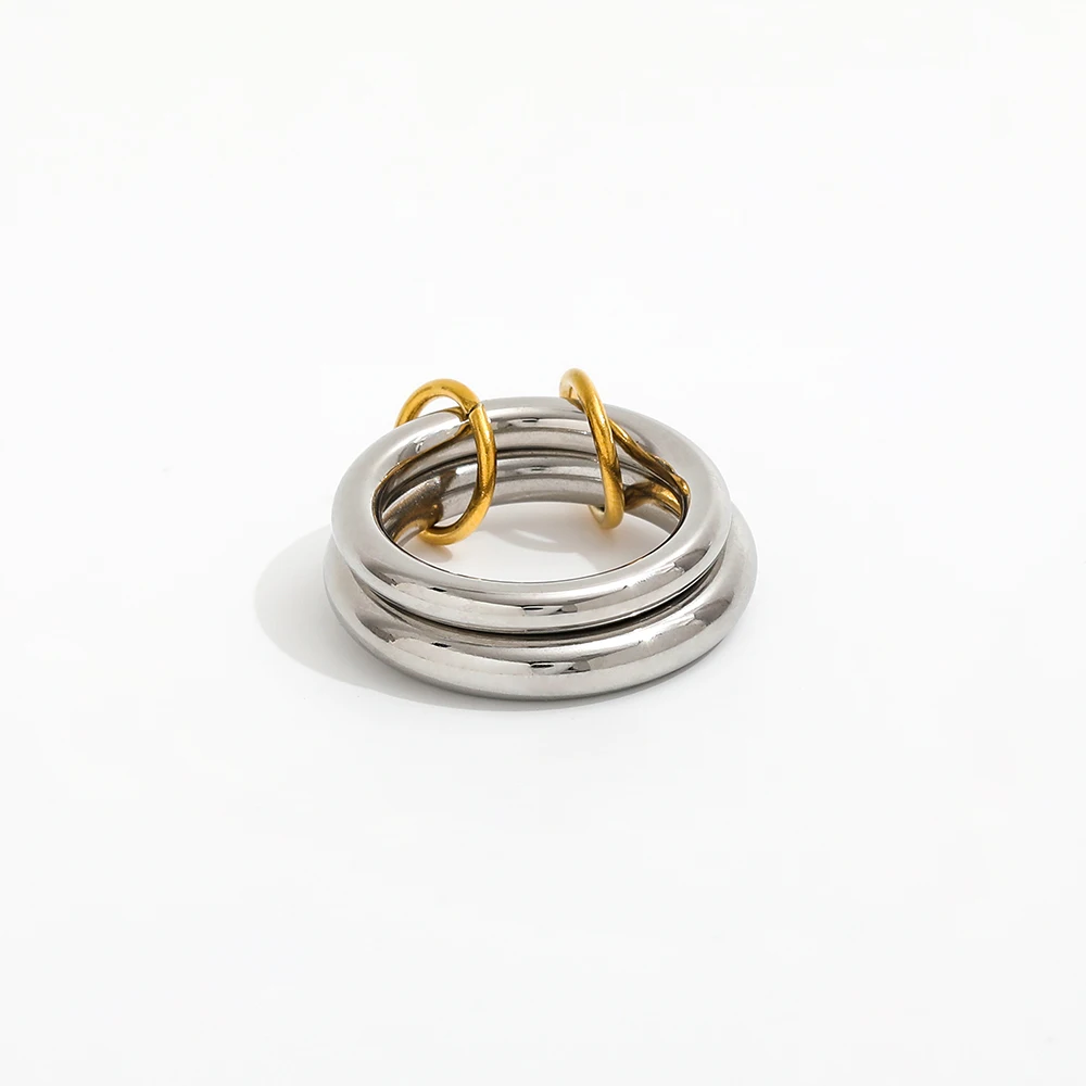 High End 18K Plain Gold Individuality Double Circle Linked Rings Stainless Steel Trendy Simple Gold Plated Jewelry