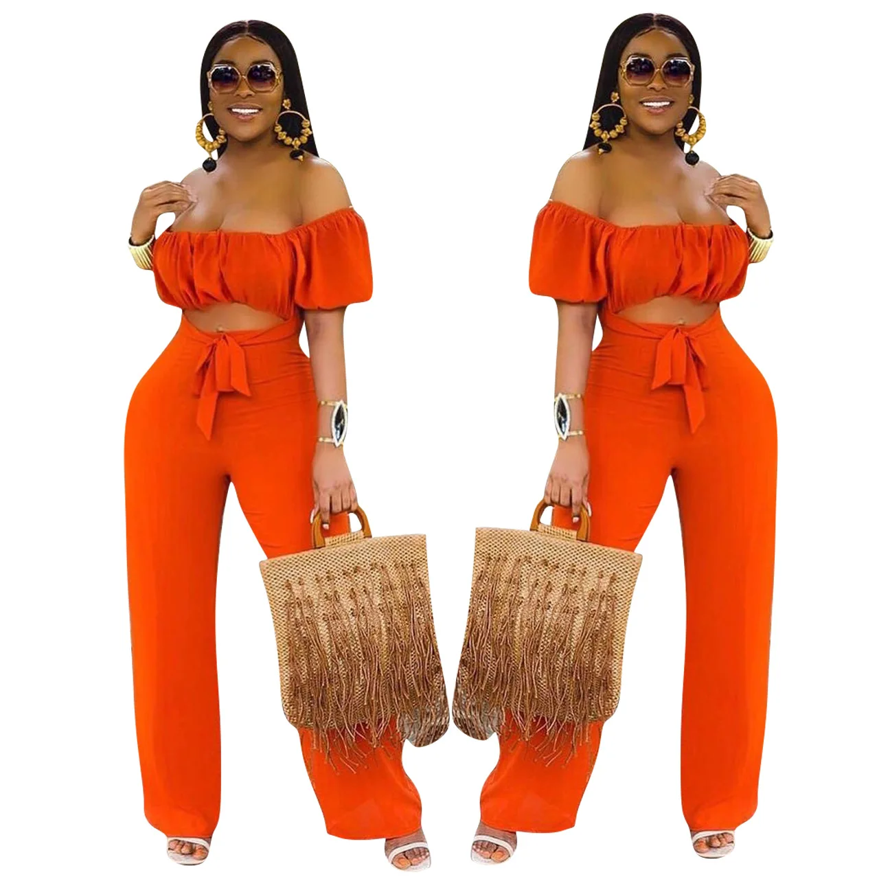 

2020 Summer Fashion Orange Loose Long Pants Casual Jumpsuits for Women