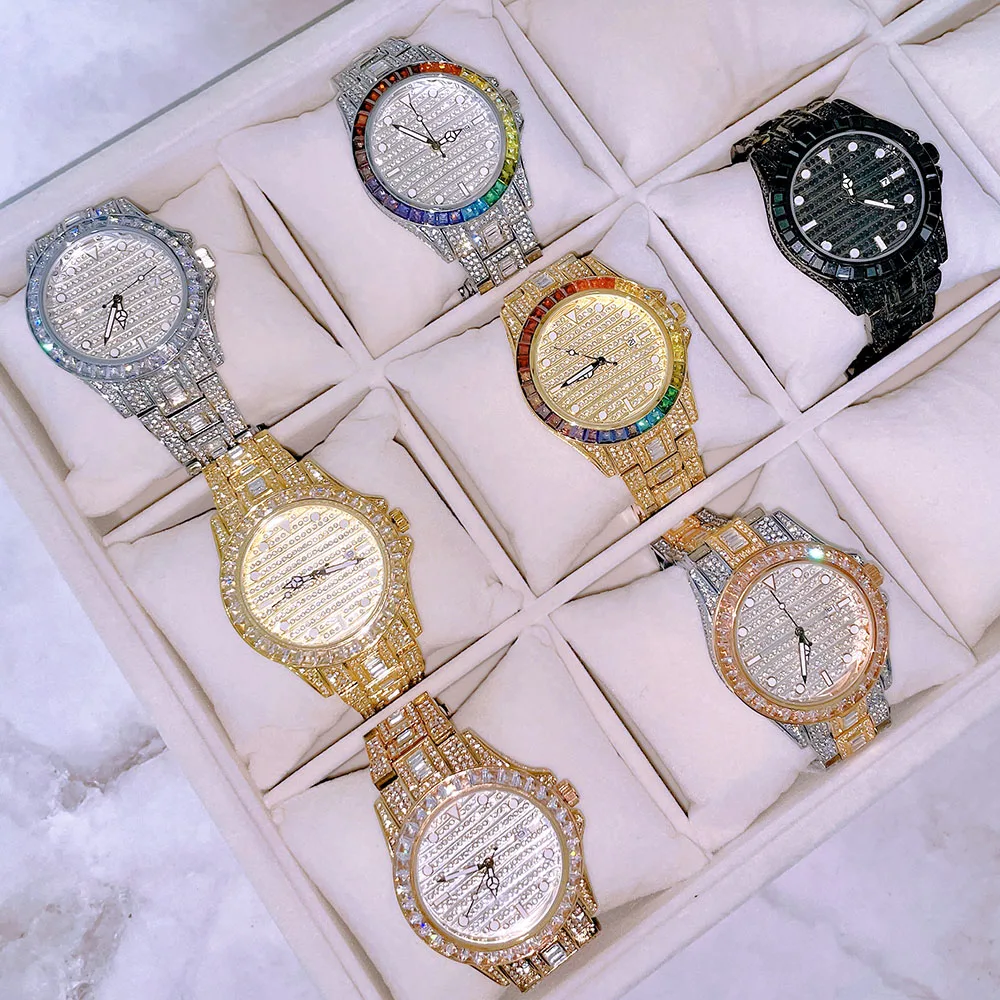 

iced out wrist luxury bling men women gold silver quartz watch mechanical watches