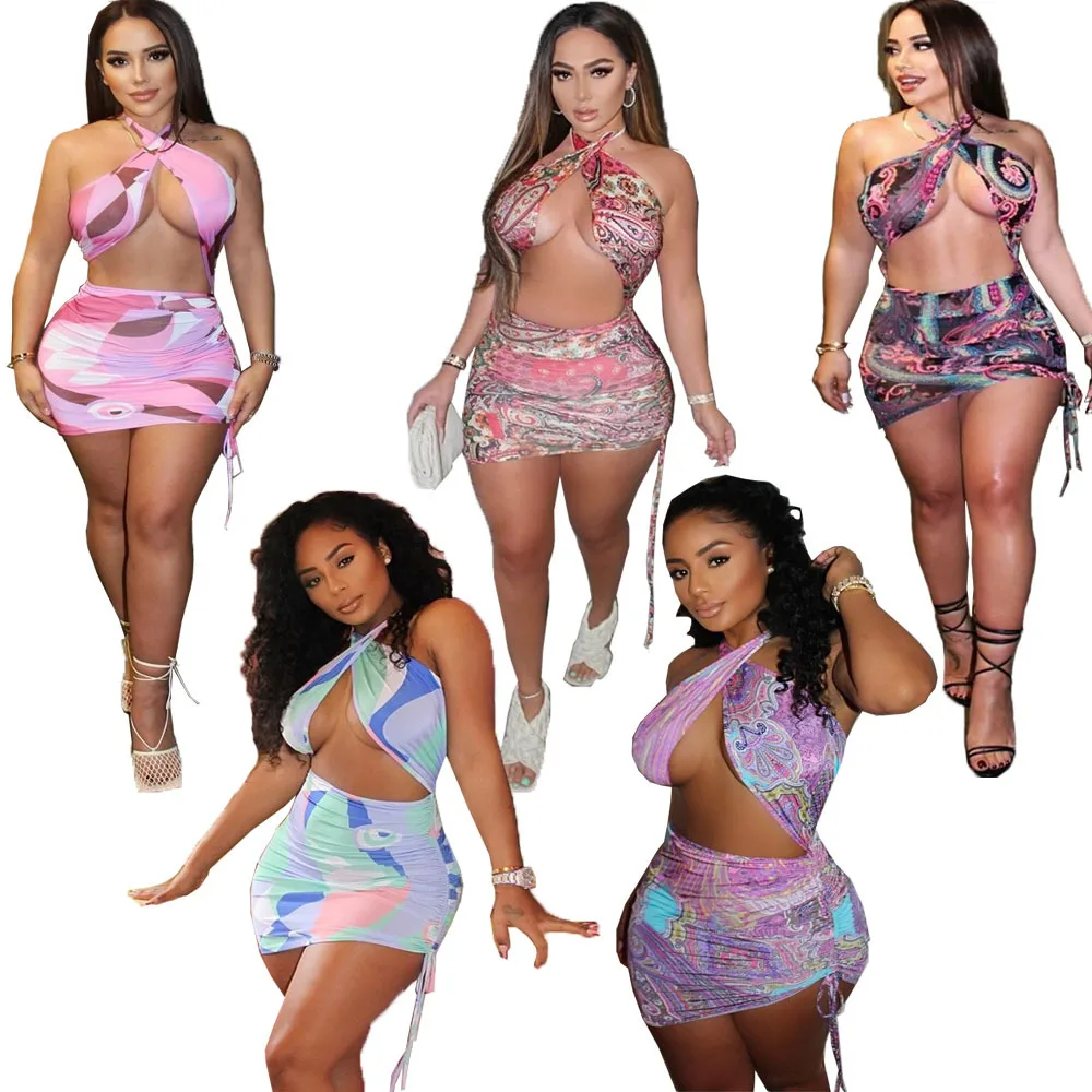 

Sexy Womens Clubwear Printed Halter Cut Out Dress Backless Tye Dye Dresses Habits Femme Cross Neck Mini Club Dresses