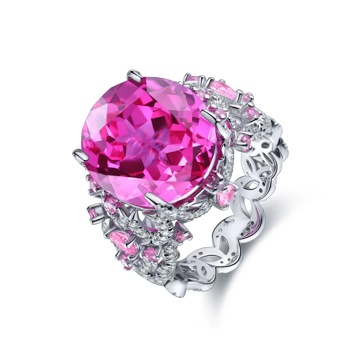 

Anster 13.3ct Rhodium Plated S925 Sterling SIilver round brilliant Lab Grown Sapphire Ring, Pink