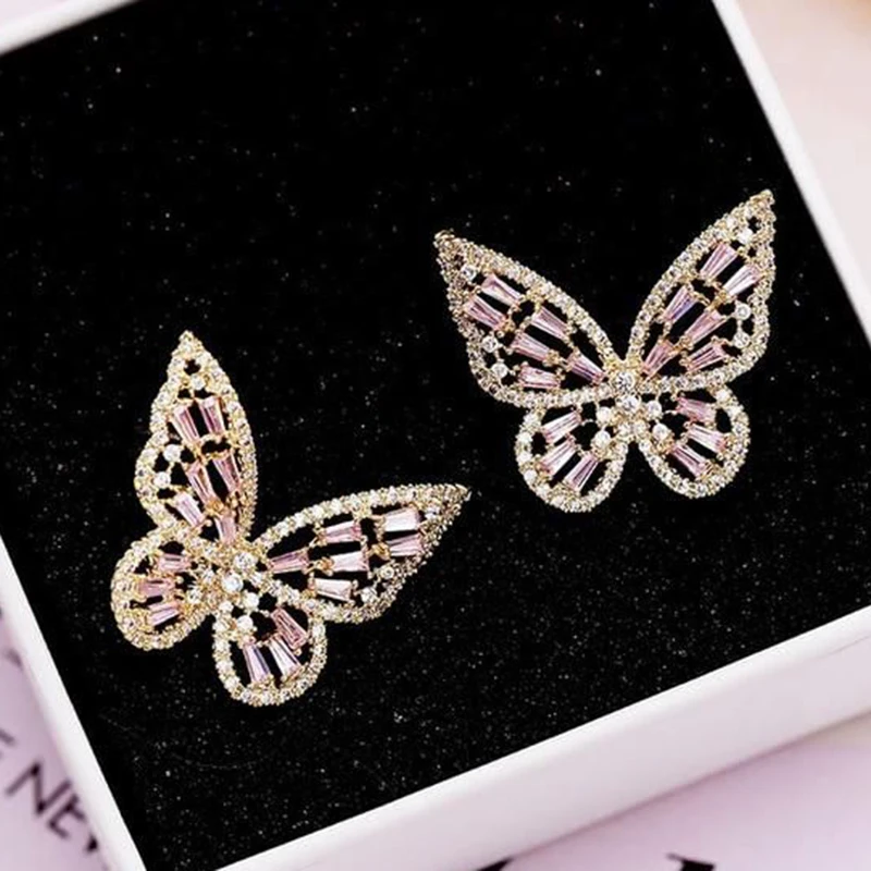 

Elegant Stud Butterfly Earrings Women Girls Silver Multicolor Cubic Zirconia Earrings Brides Bridesmaids Wedding Jewelry Gifts, Pink