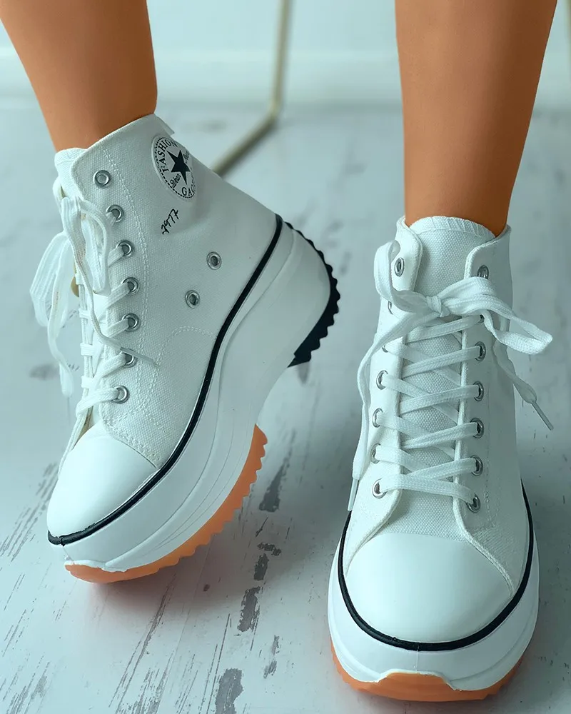 

A315 Women Eyelet Lace-up Flat form Canvas Sneakers Solid Color Round Toe Luxury Shoes Women Sneakers Ladies Casual Shoes