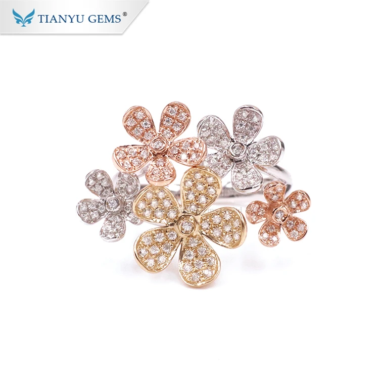 

Tianyu gems customized three colors 14k rose yellow and white beautiful gold moissanite flower rings designs