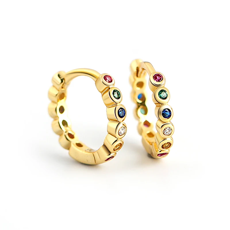 

RINNTIN EQE35 Fashion Small Sterling Silver Ear Stud Colorful Rainbow Zircon 18K Gold Plated Hoop Earrings for Women 2021, Silver/gold