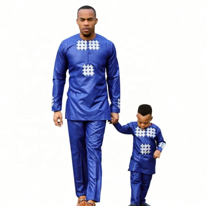 

Sale Blue Cotton Knitting Fabric African Fashion Dresses Family Clothing Set With Best Quality, Color