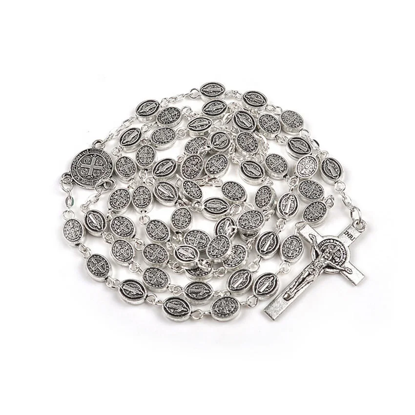 8x6mm Flat Antique Silver Metal St.Benedict Beads Chain Rosary Necklace