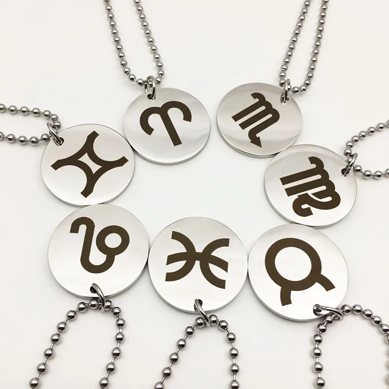 

Fashion Round Zodiac Pendant Necklace 100% Stainless Steel Long Chain Twelve Zodiac Jewelry Necklace, Picture