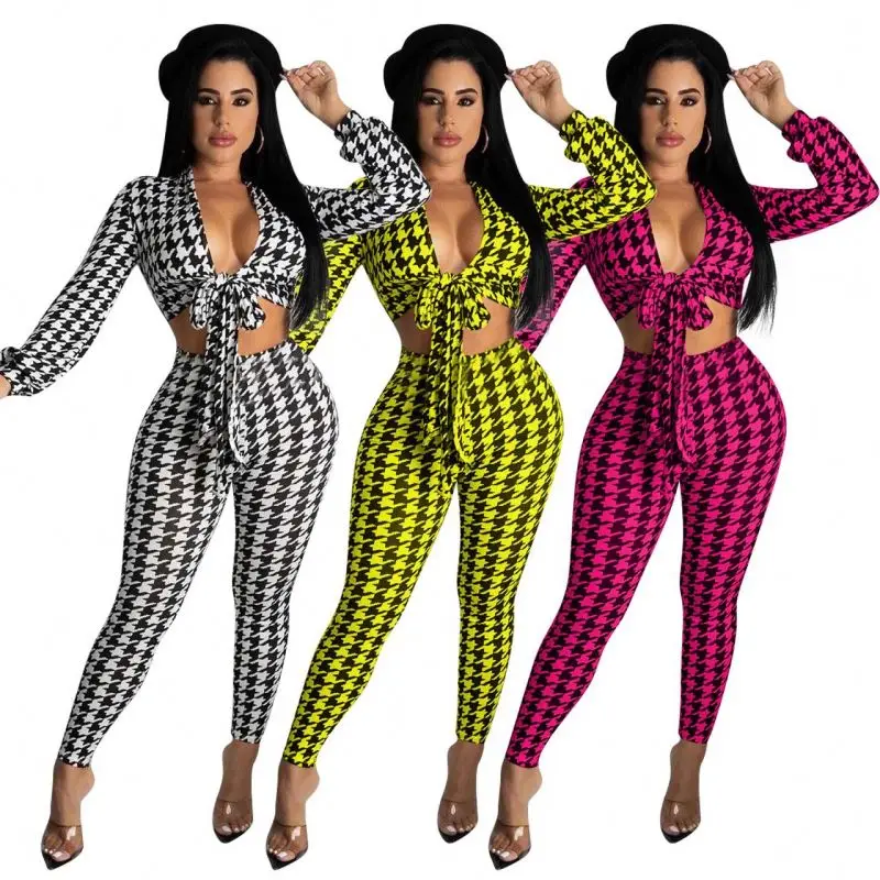 

New arrival Trendy Houndstooth Pant Set Fall Winter Women Clothes Crop Top Lace Up Sexy Bodycon Two Piece Outfits