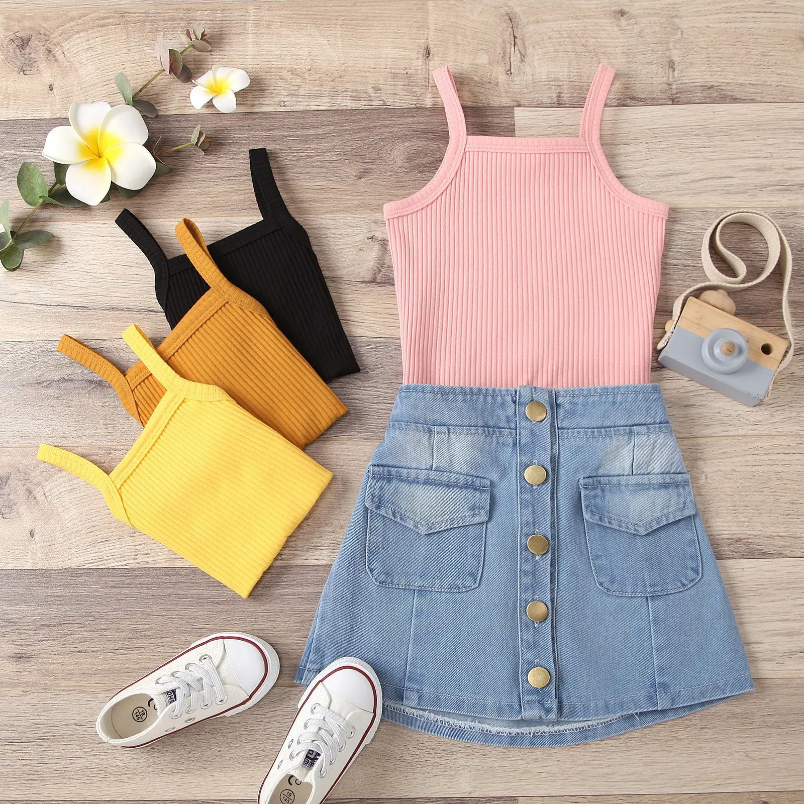 

Children Girls Summer Fashion Children Suit Sweet Solid Color Suspender Tops + Denim Skirts