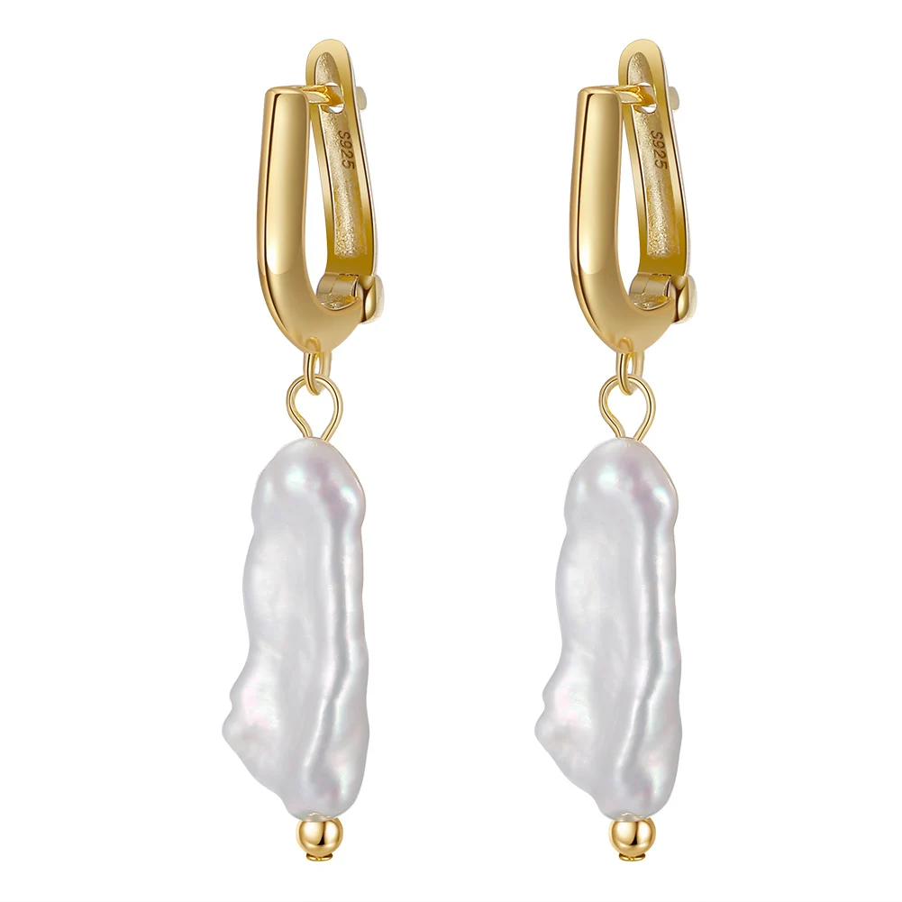RINNTIN GPE10 Classic Elegance 14K Gold Plated Jewelry 925 Sterling Silver Real Cultured Baroque Pearl Earrings for Women