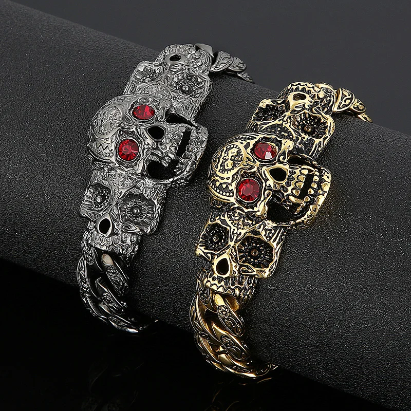 

KALEN Hiphop Retro Smearing Black Rhinestone Skull Men's Bracelet Jewelry 316 Stainless Steel Bracelets Bangles