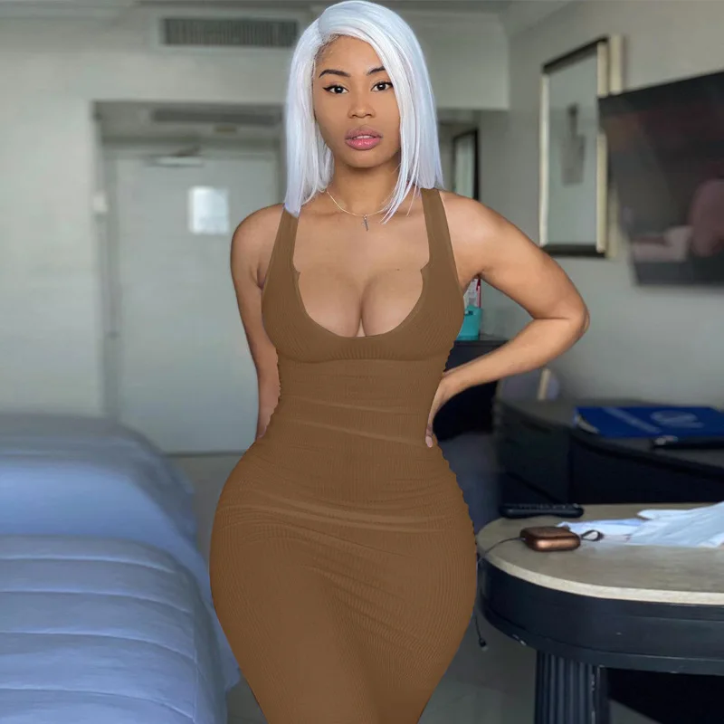 

S-L Sexy Dress Spring 2021 New fashion sexy U collar sleeveless slim temperament dress 2021 summer hot sale, Black