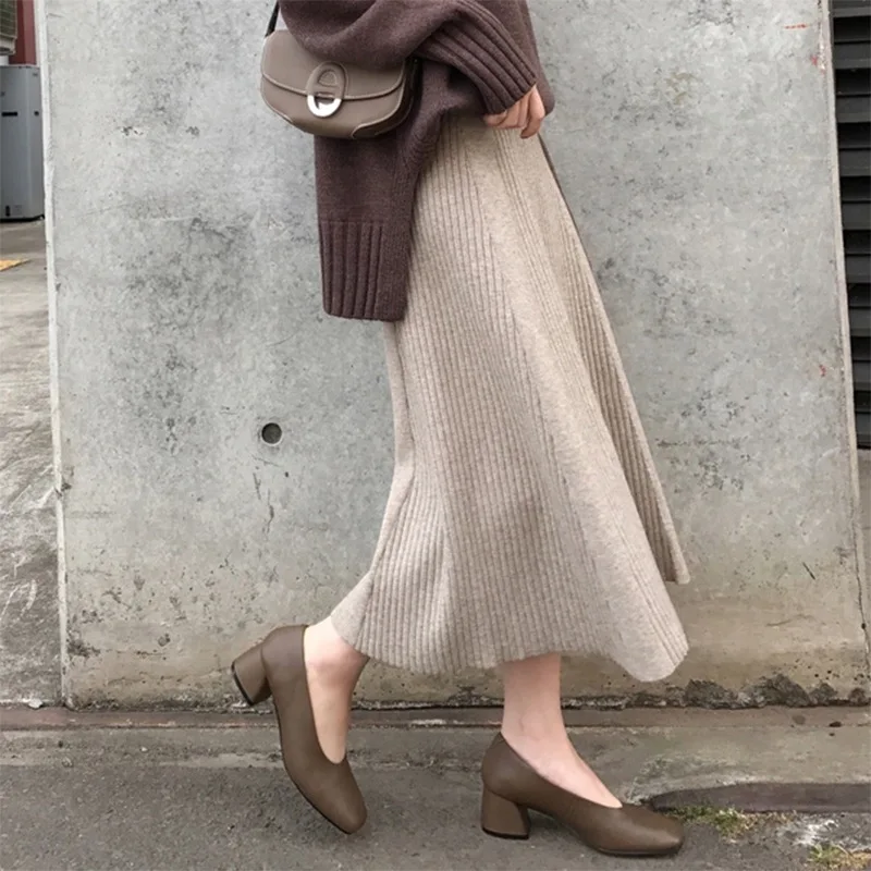 

Ribbed Knitted A-line Skirt Sweater High Waist Soft Cozy Warm Woolen Knitwear Women Skirt