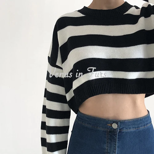 

Kingsun crew neck striped knit crop top knitwear women stripe sweater, Customized color