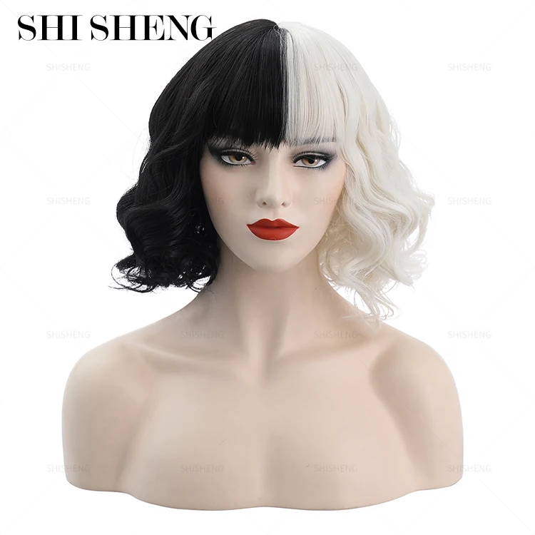 

SHI SHENG New 12In Short Body Wave Half White And Half Black Cruella De Vil Kuila Cosplay Wigs for Women Free Wig Cap, White black