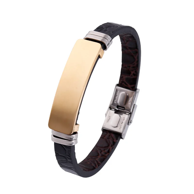 

Classic Office Style Gold Color Men's Stainless Steel Bracelet Accept Customer OEM DIY Engraved Bangle Wholesale Leather Jewelry