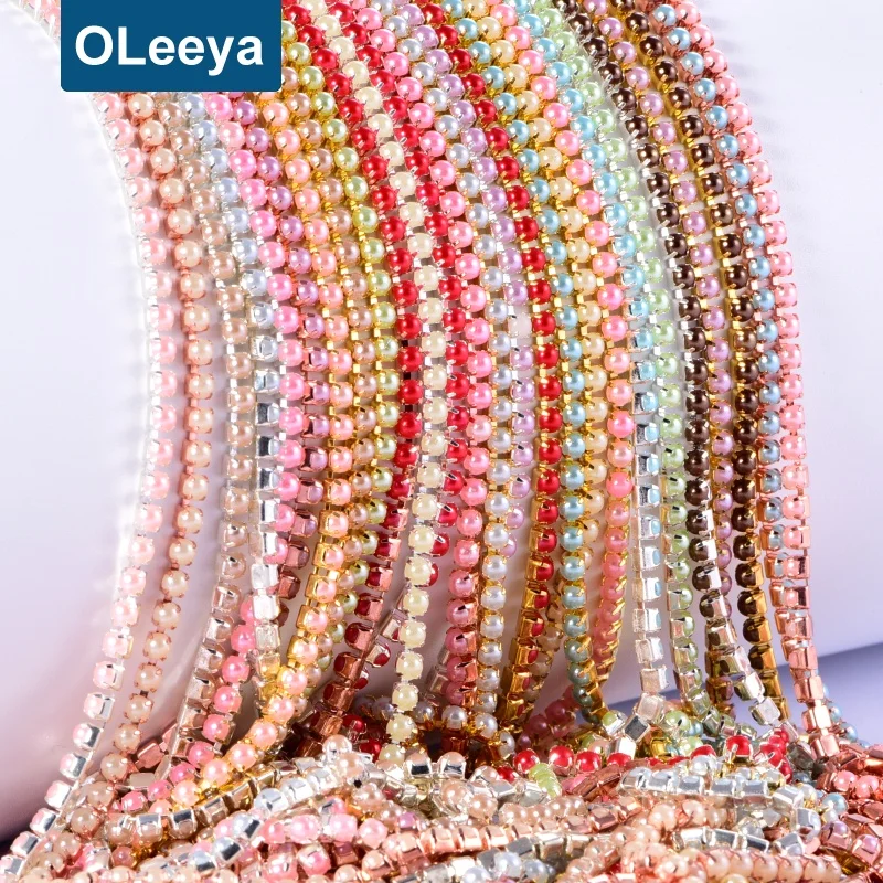 New OLeeya Wholesale SS8 10 yards/roll Jewelry Rhinestone Chain Plastic Pearl Close Cup Trimming Bridal Chains for Boys Jeans