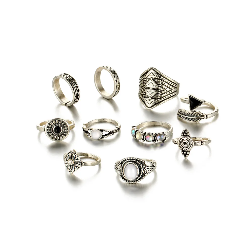 

Fashion retro folk exaggerated old silver gemstone rings 10 rings set, As pic