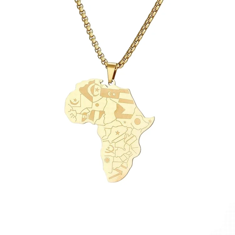 

European And American Retro Hip Hop Titanium Steel Gold Africa Map Shape Necklace Men And Women Hip Hop Animal Elephant Pendant