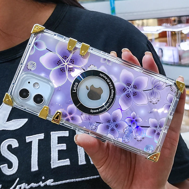 

Fashion Designer Flower Pattern Transparent Square TPU Phone Case Back Cover for iPhone 6 7 8 x xs 11 12/12 pro max