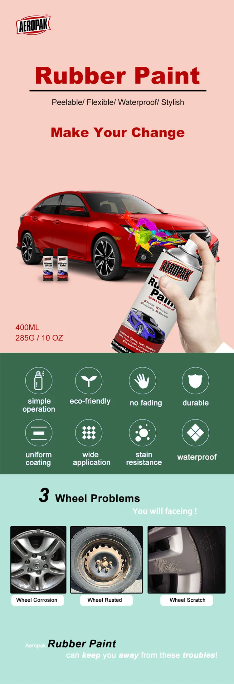 Aeropak Glossy and Matt Rubber Paint for car coating with MSDS
