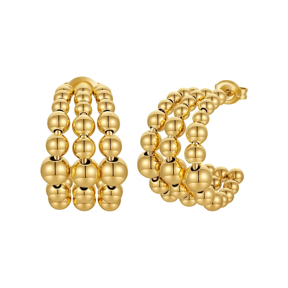 

Latest 18K Gold Plated Stainless Steel Jewelry Metal Balls Beaded C-shaped Hoop Earrings For Women Accessories Earrings E231467