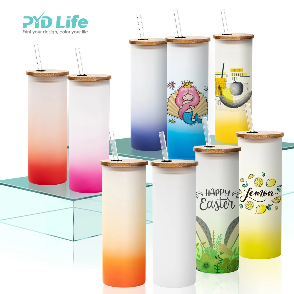 

PYD Life Free Sample 17oz 500ml Gradient Color Frosted Glass Sublimation Skinny Tumblers with Bamboo Lid and Straw